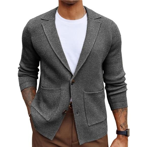 Men's Sweater Shawl Collar Button Down Jacket Grey - Picture 1 of 6